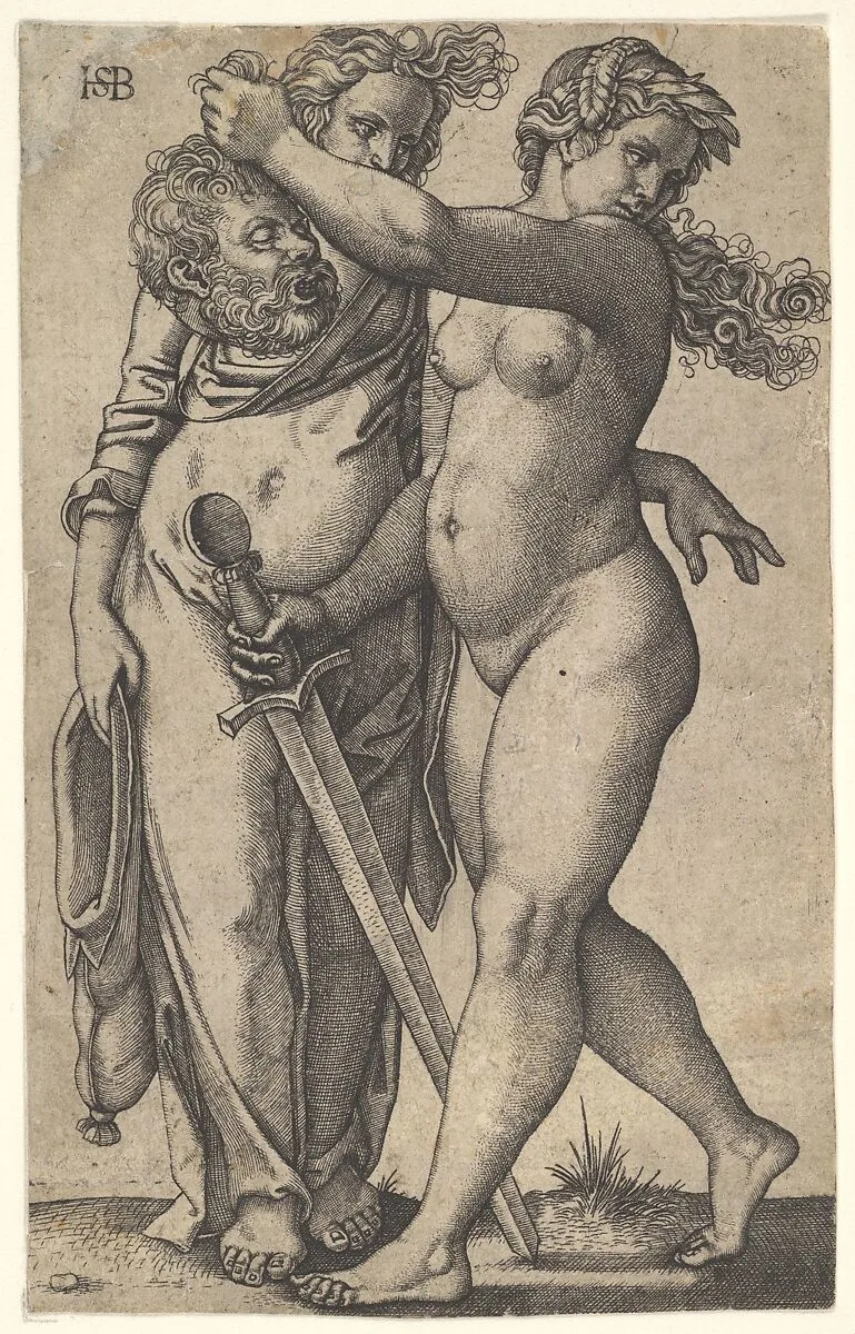 Judith walking to the left with the head of Holofernes in her right hand and a sword in her left hand, her servant standing behind the head to left — Sebald Beham