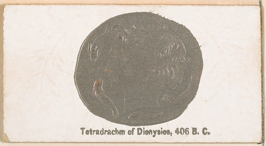 Tetradrachm of Dionysios, 406 B.C., from the Ancient Coins series (N180) issued by Wm. S. Kimball & Co. — William S. Kimball & Company