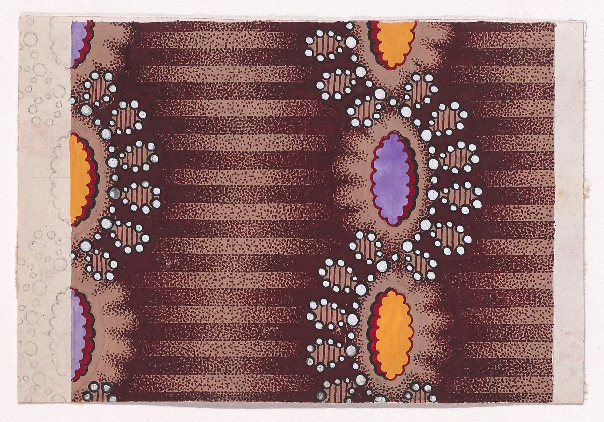 Textile Design with Vertical Undulating Strips of Pearls with Alternating Offsetting Stylized Leaves and Rosettes over a Striped Background — Anonymous, Alsatian, 19th century