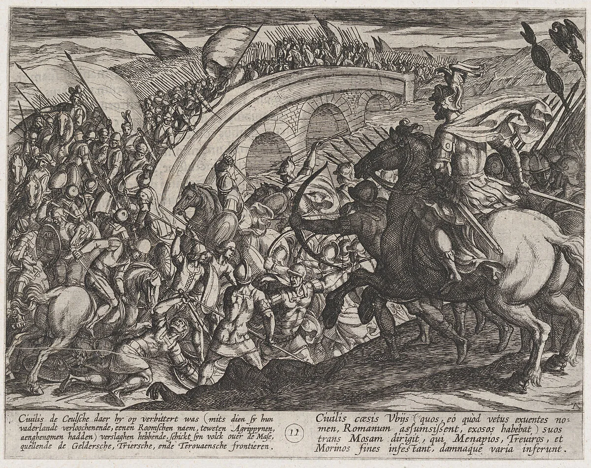 Plate 11: Civilis' Troops Crossing the Maas River, from The War of the Romans Against the Batavians (Romanorvm et Batavorvm societas) — Antonio Tempesta|Otto van Veen
