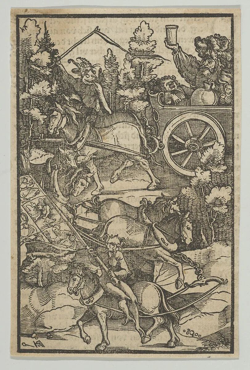 The Drunken Man on a Chariot on his Way to Hell, from Hymmelwagen auff dem, wer wol lebt... — Hans Schäufelein|Hans von Leonrodt|Silvan Otmar