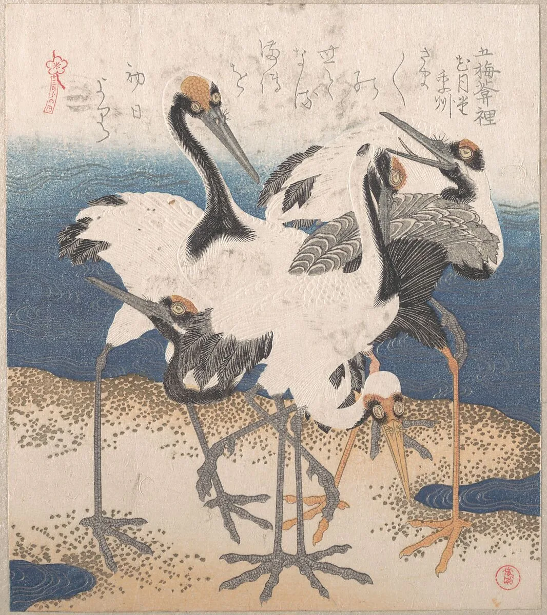 「三ひらの内」汀五羽の鶴|Five Cranes by the Water’s Edge, from the series Three Sheets (Mihira no uchi) — Totoya Hokkei