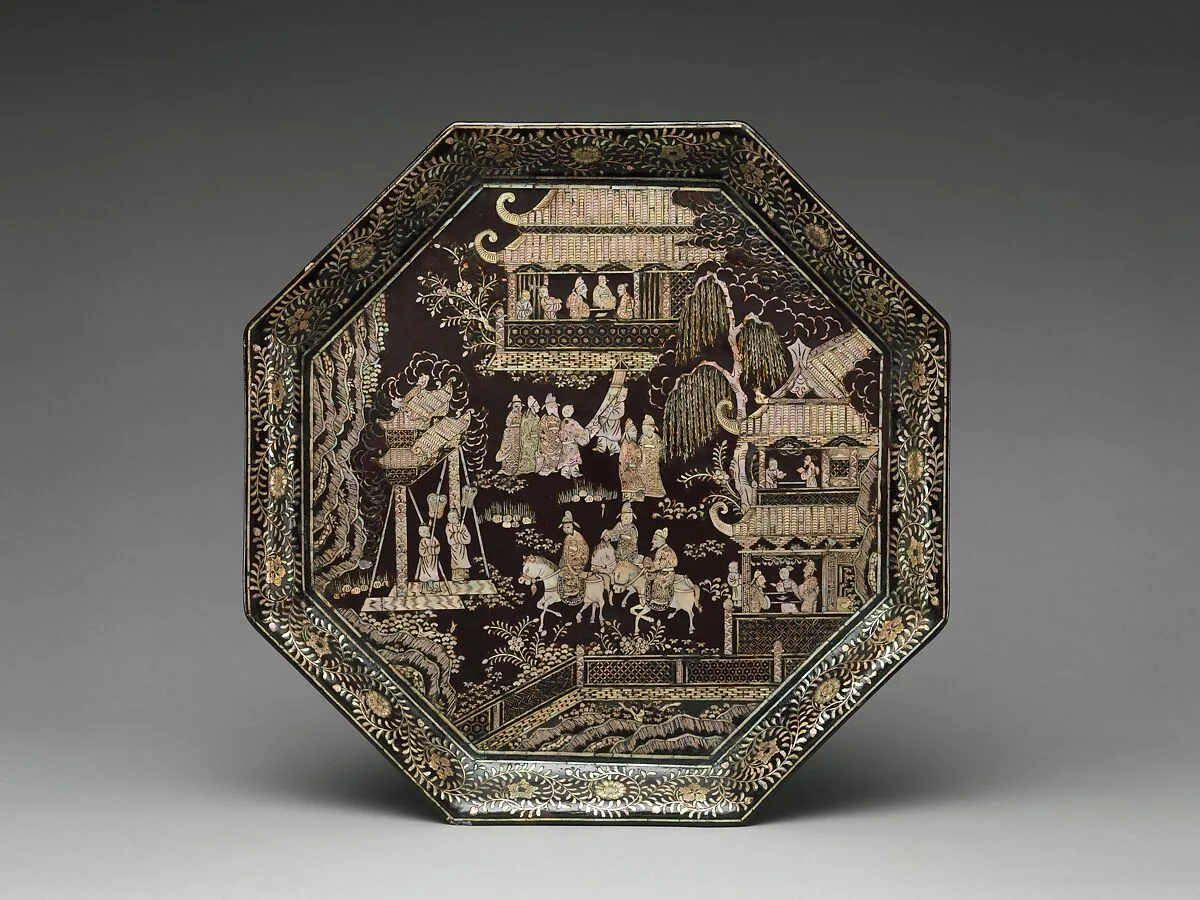 明 黑漆嵌螺鈿學士圖八方盤|Tray with scholars — Unknown