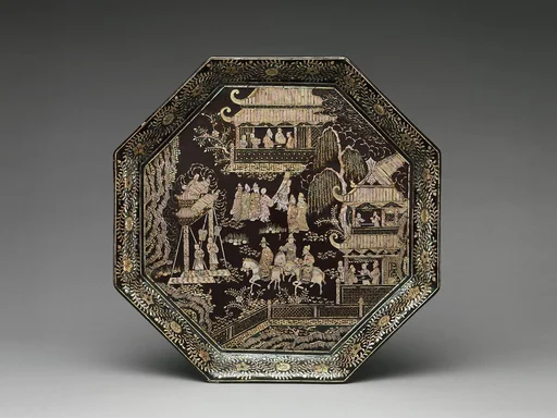 明 黑漆嵌螺鈿學士圖八方盤|Tray with scholars