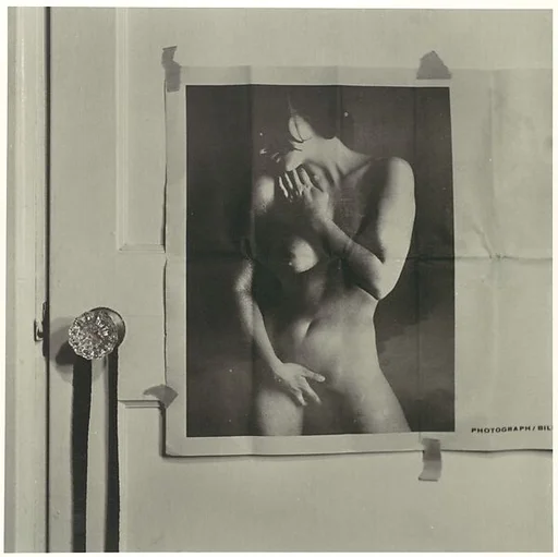 [Two Prints of Photograph of Nude Woman Taped to Door]