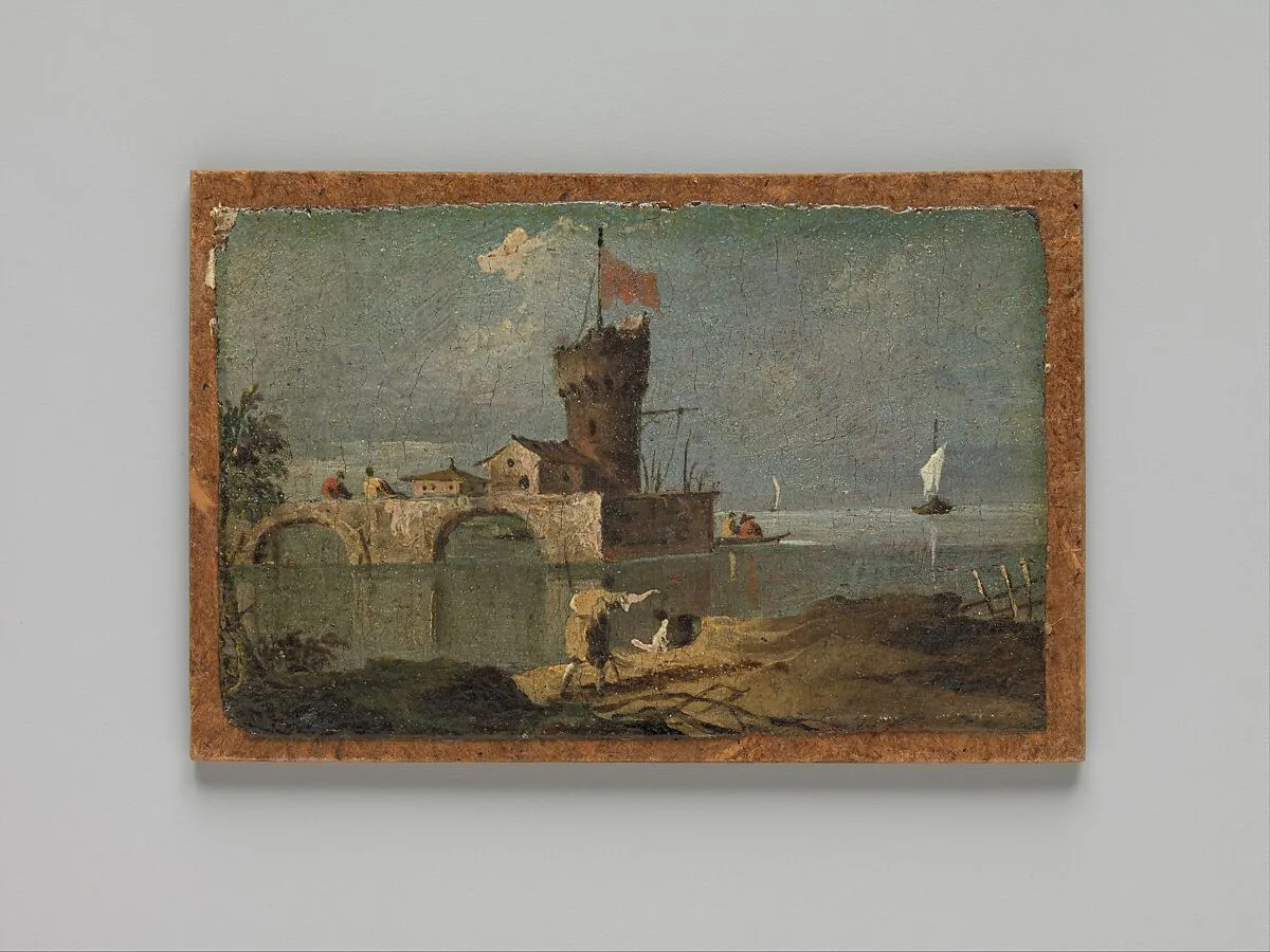 Capriccio with a Circular Tower, Two Houses, and a Bridge — Francesco Guardi