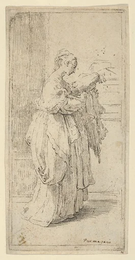 Girl carrying a cushion, seen in profile facing right