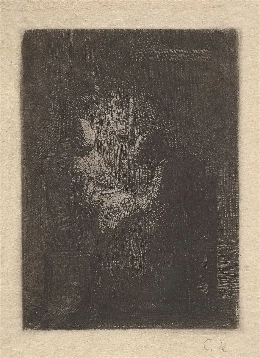 Two Women Sewing by Lamplight — Jean-François Millet