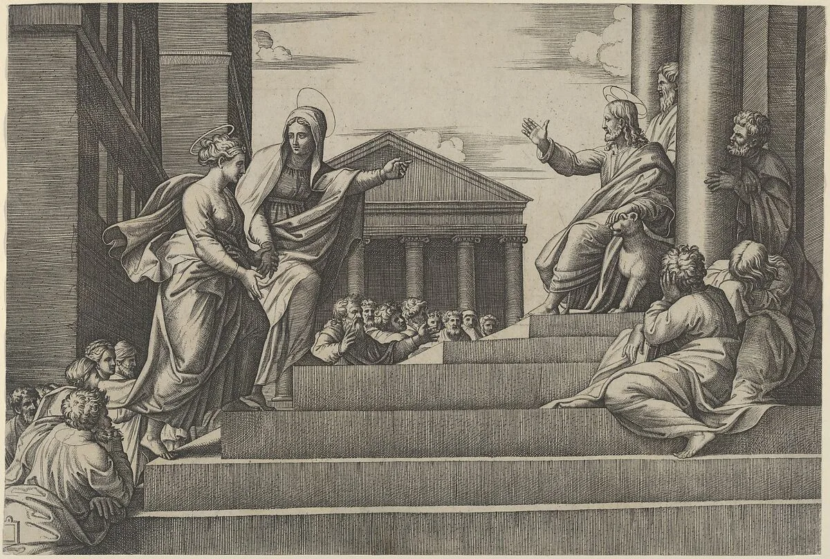 Martha leading Mary Magdalene up a flight of stairs to Christ who is seated at right at the entrance to a temple — Marcantonio Raimondi|Antonio Salamanca|Nicolaus van Aelst|Giulio Romano