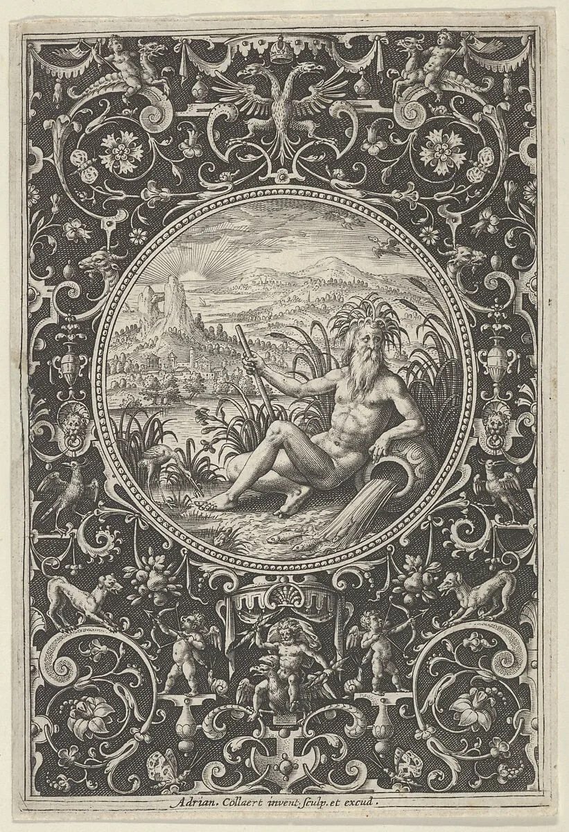 Neptune in a Decorative Frame with Grotesques, from the Judgment of Paris — Adriaen Collaert