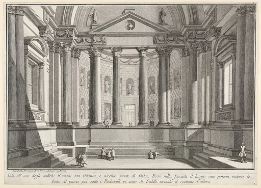 Plate 9: 'Colonnaded hall according to the custom of the ancient Romans, and niches adorned witn statues' (Sala all'uso degli antichi Romani con colonne, e nicchie ornate di statue), from the series 'Part one of architecture and perspectives: drawn and etched by Gio. Batt'a Piranesi, Venetian Architect: dedicated to Nicola Giobbe' (Prima parte di Architetture, e prospettive inventate, ed incise da Gio. Batt'a Piranesi Architetto Veneziano dedicate al Sig. Nicola Giobbe)