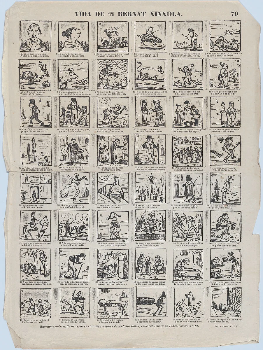 Broadside with 48 scenes relating to the life Bernat Xinxola — Antonio Bosch|N. Ramírez y Compañia
