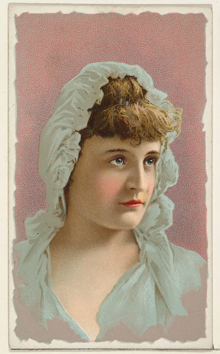 Actress wearing white cloth bonnet, from Stars of the Stage, First Series (N129) issued by W. Duke, Sons & Co. to promote Honest Long Cut Tobacco — W. Duke, Sons & Co.|Knapp & Company