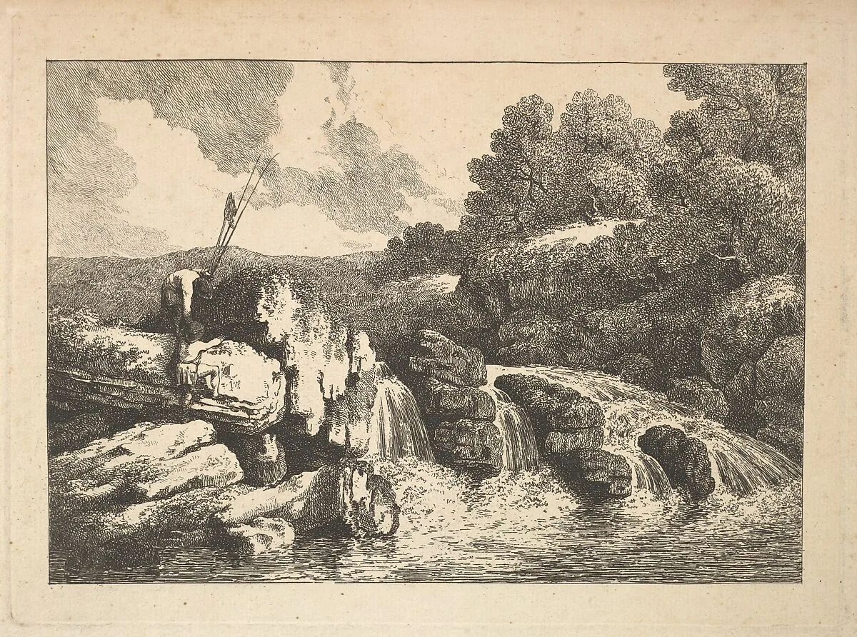 Landscape with Two Fishermen Climbing Rocks Next to a Waterfall — Samuel Howitt|Thomas Rowlandson