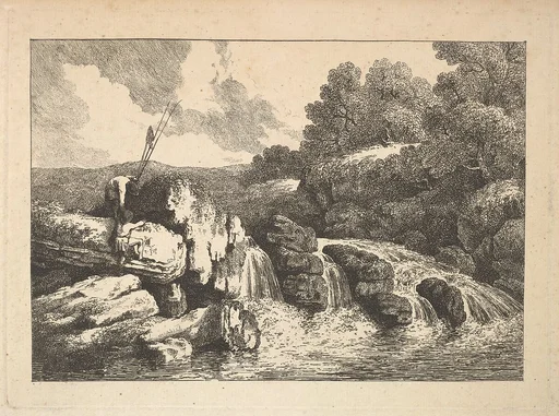Landscape with Two Fishermen Climbing Rocks Next to a Waterfall