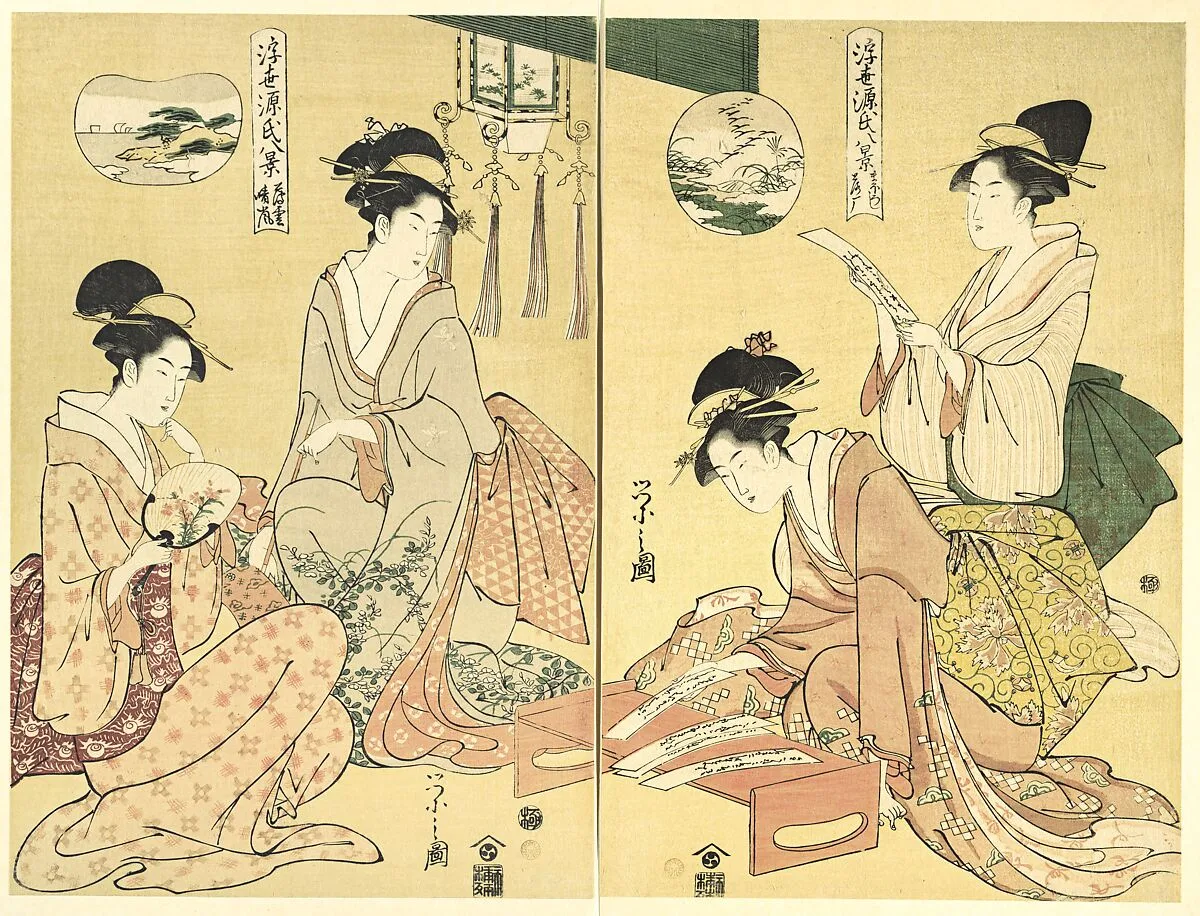 鳥文斎栄之画 「浮世源氏八景 幻 落雁 薄雲 晴嵐」|Spirit Summoner; Wild Geese Returning Home (Maboroshi; Rakugan) (right) and A Thin Veil of Clouds; Clearing Weather (Usugumo; Seiran) (left), from the series Eight Views of The Tale of Genji in the Floating World (Ukiyo Genji hakkei) — Chōbunsai Eishi