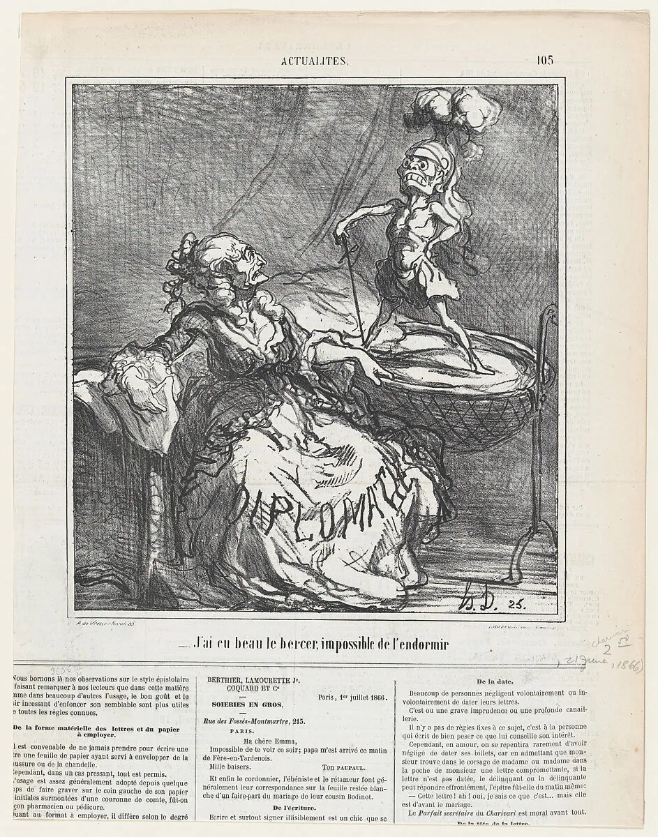 No matter how much I rock him, it is impossible to make him fall asleep, from 'News of the day,' published in Le Charivari, June 21, 1866 — Destouches|Arnaud de Vresse|Honoré Daumier