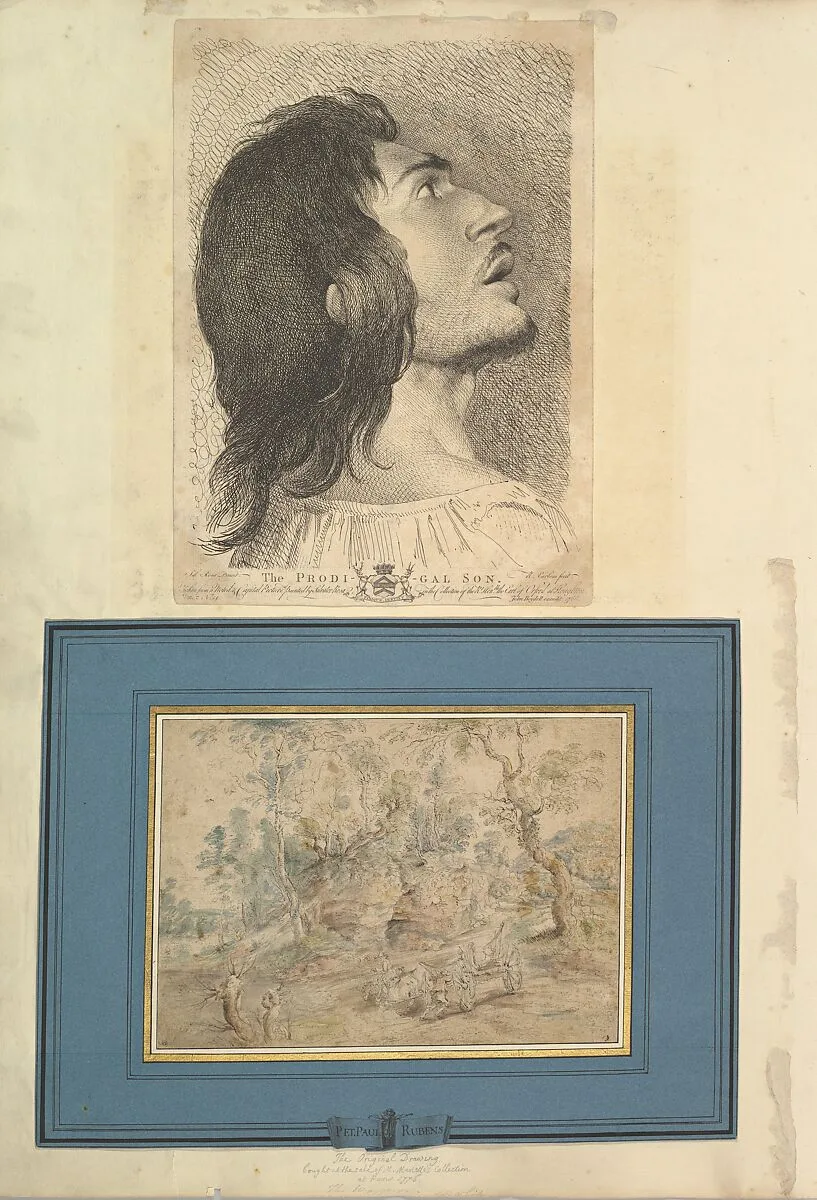 Leaf from Aedes Walpolianae mounted with a print and a drawing (a): Head in Profile of Prodigal Son; (b): The Wagonner (after Peter Paul Rubens) in Jean-Paul Mariette mount — Richard Earlom|Salvator Rosa|John Boydell|Peter Paul Rubens|Lodewijk de Vadder