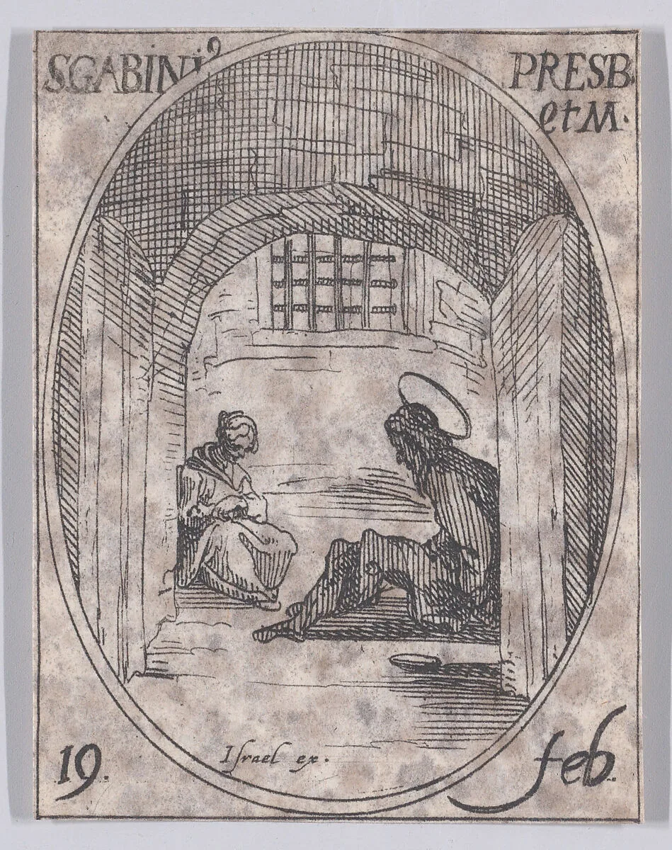 S. Gabin, prêtre et martyr (St. Gabinus, Priest and Martyr), February 19th, from "Les Images De Tous Les Saincts et Saintes de L'Année" (Images of All of the Saints and Religious Events of the Year) — Jacques Callot|Israël Henriet