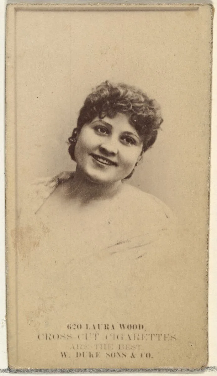 Card Number 620, Laura Wood, from the Actors and Actresses series (N145-3) issued by Duke Sons & Co. to promote Cross Cut Cigarettes — W. Duke, Sons & Co.