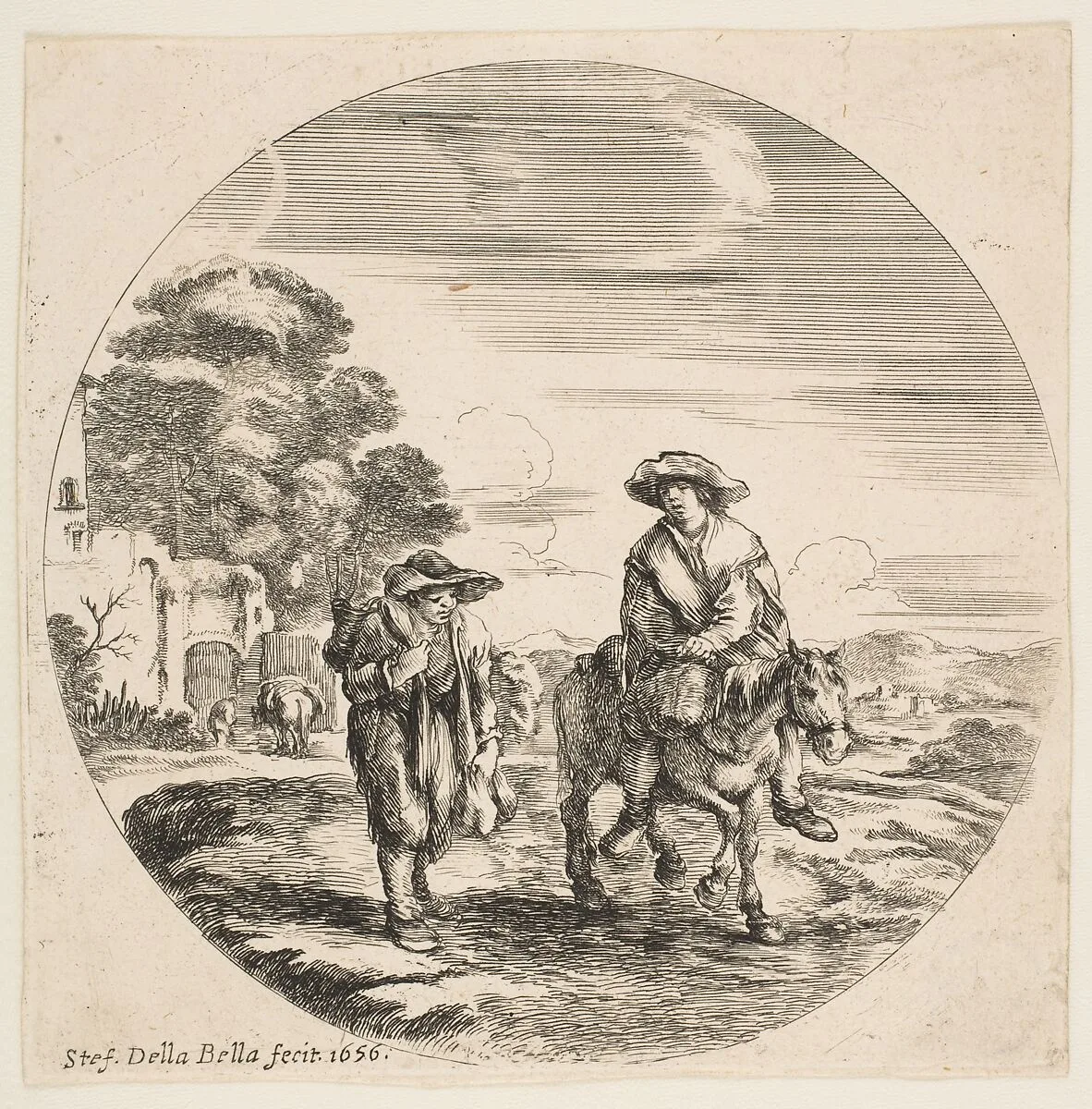 Landscape with Two Peasants, One Riding a Horse, from "Landscapes and seaports" (Paysages et ports de mer, dans des ronds) — Stefano della Bella