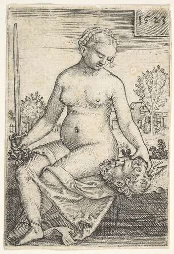 Judith, seated nude with a sword in her right hand, gazing down at the head of Holofernes in her left hand