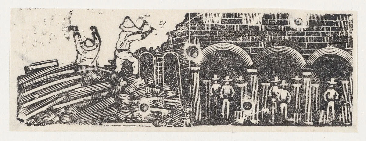 A pair of workers atop a pile of rubble and other workers watching them — José Guadalupe Posada