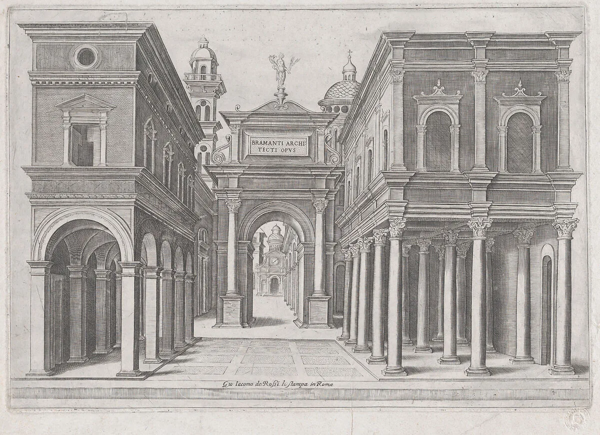 A street with buildings and arcades — Donato d'Agnolo Bramante|Giovanni Giacomo De Rossi|Anonymous, Italian
