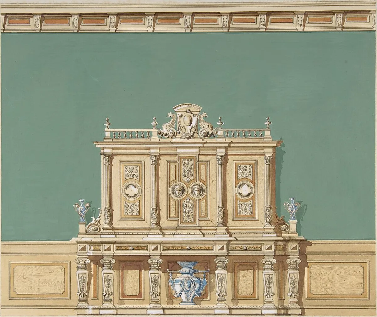 Interior Design with a Large Renaissance Style Cabinet against a Green Wall — Anonymous, British, 19th century