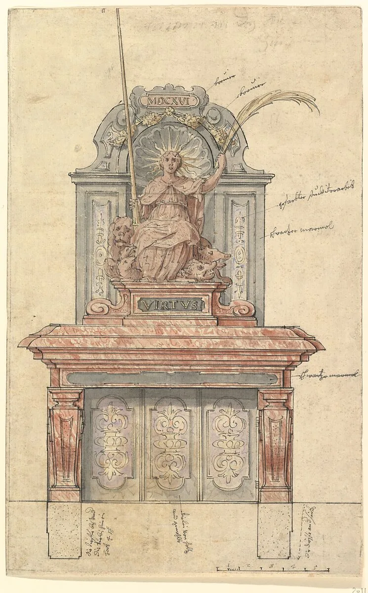 Design for a Chimneypiece with a Personification of Virtue — Anonymous, German, 17th century