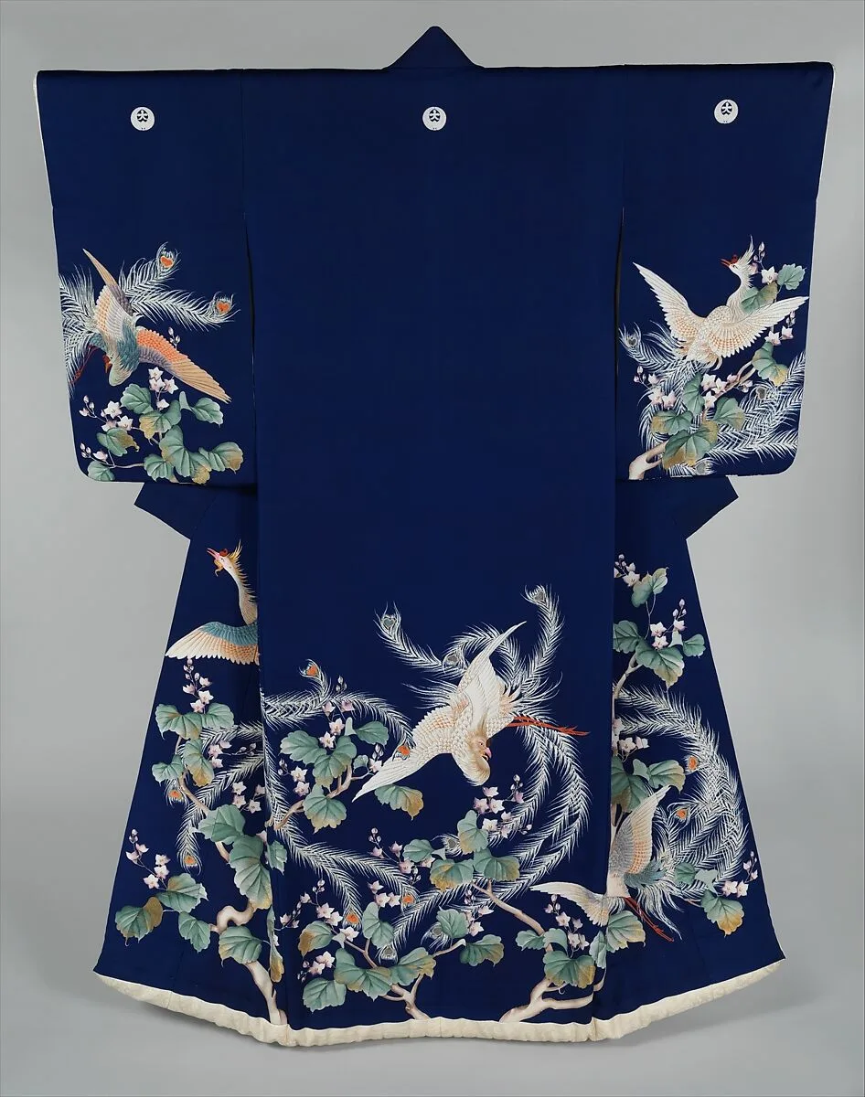 紺平絹地桐鳳凰模様打掛|Outer Robe (Uchikake) with Phoenixes and Paulownia — Unknown