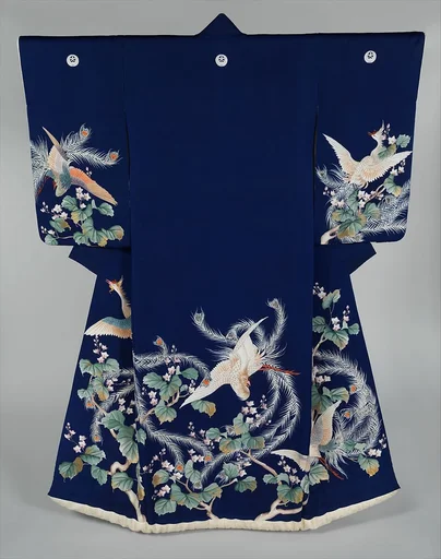 紺平絹地桐鳳凰模様打掛|Outer Robe (Uchikake) with Phoenixes and Paulownia