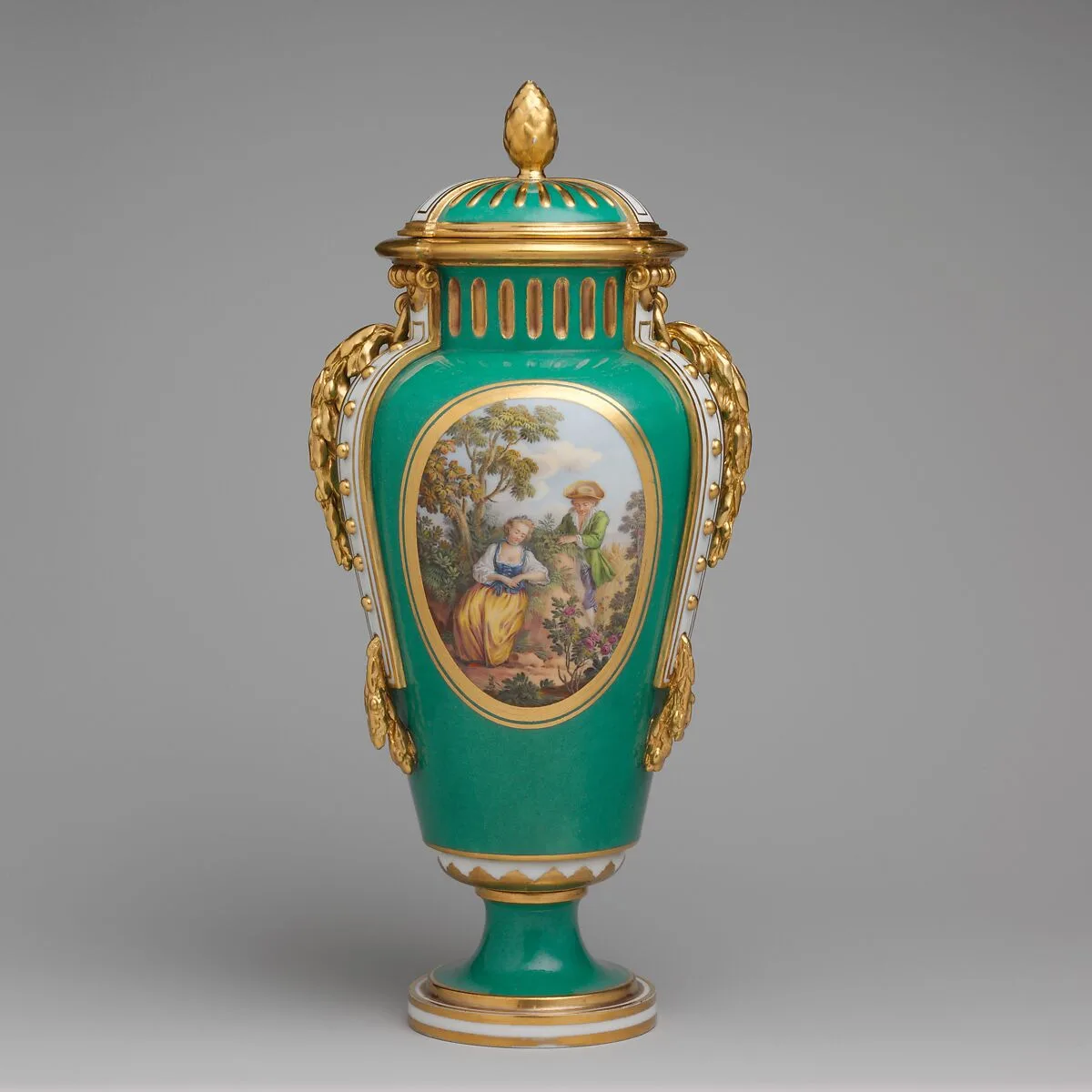 Vase with cover (vase à bandes) (one of a pair) — Sèvres Manufactory|Charles Nicolas Dodin|Henry-Martin Prévost|Louis Crépy|Antoine Watteau