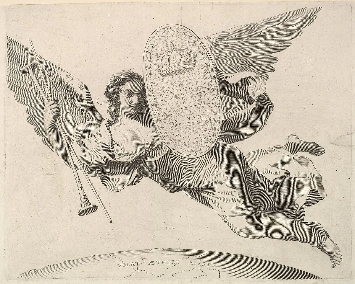 Fame Bearing a Shield with the Initial of Louis XIV (La Renommée volant) — Claude Mellan