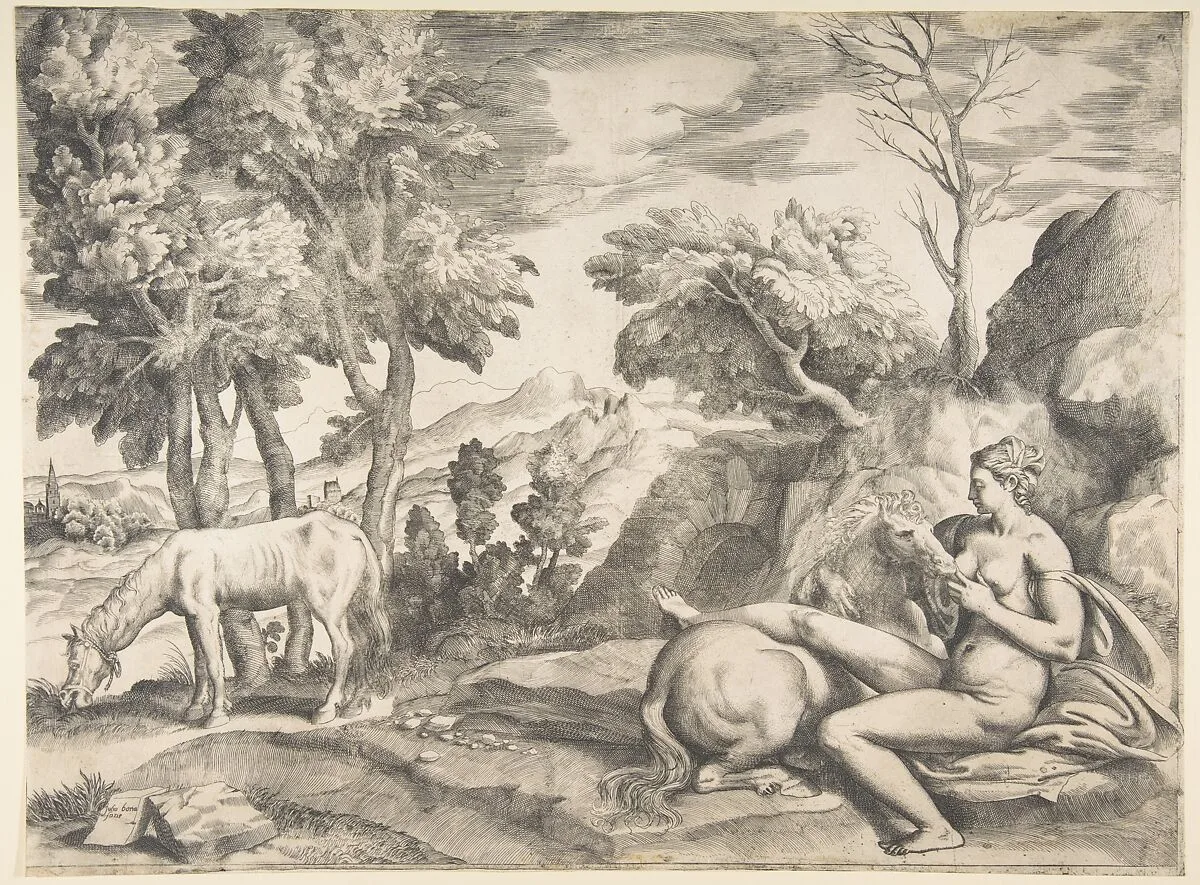 Saturn in the guise of a horse being suckled by the nymph Philyra — Giulio Bonasone