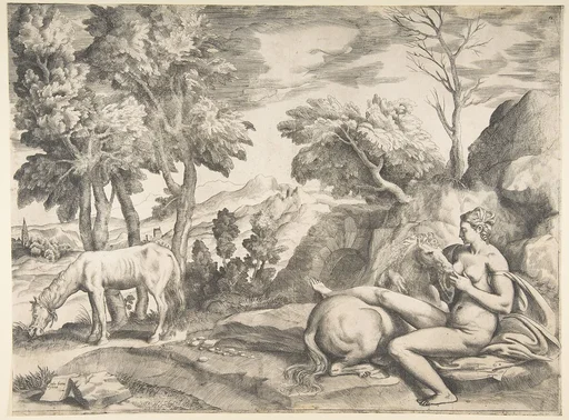 Saturn in the guise of a horse being suckled by the nymph Philyra