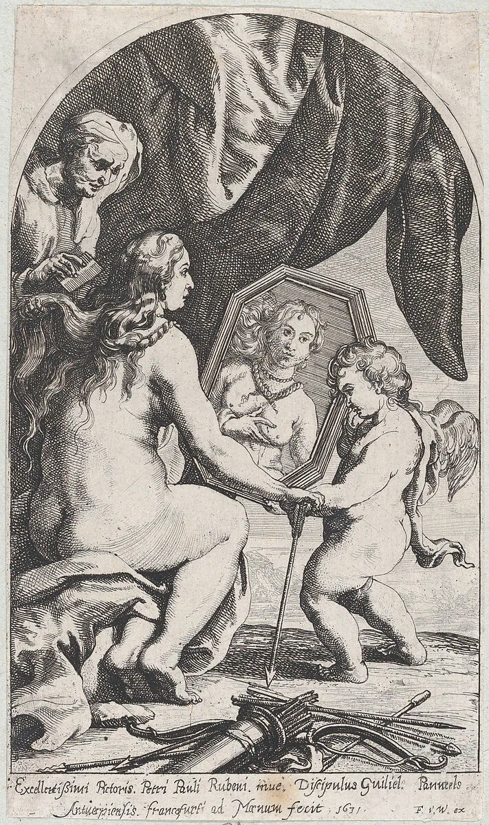 Venus before a mirror held by Cupid while her hair is combed by an old woman — Frans van den Wyngaerde|Willem Panneels|Peter Paul Rubens