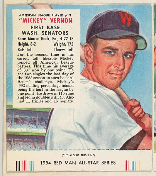 "Mickey" Vernon, from the Major League All Stars series (T234), issued by Red Man Chewing Tobacco — Red Man Chewing Tobacco