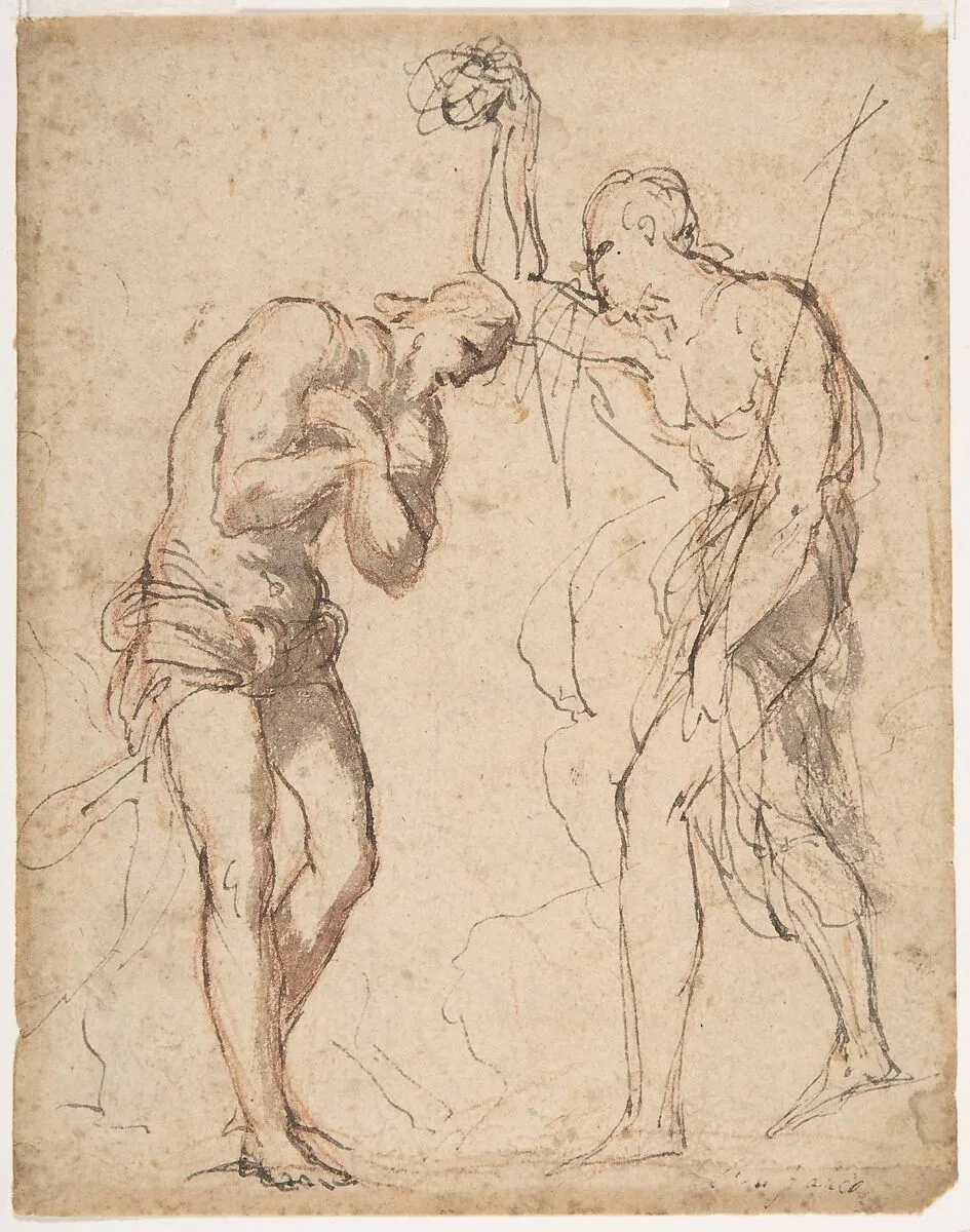 The Baptism of Christ (recto); Kneeling Figure (?) in a Landscape (verso) — Micco Spadaro (Domenico Gargiulo)