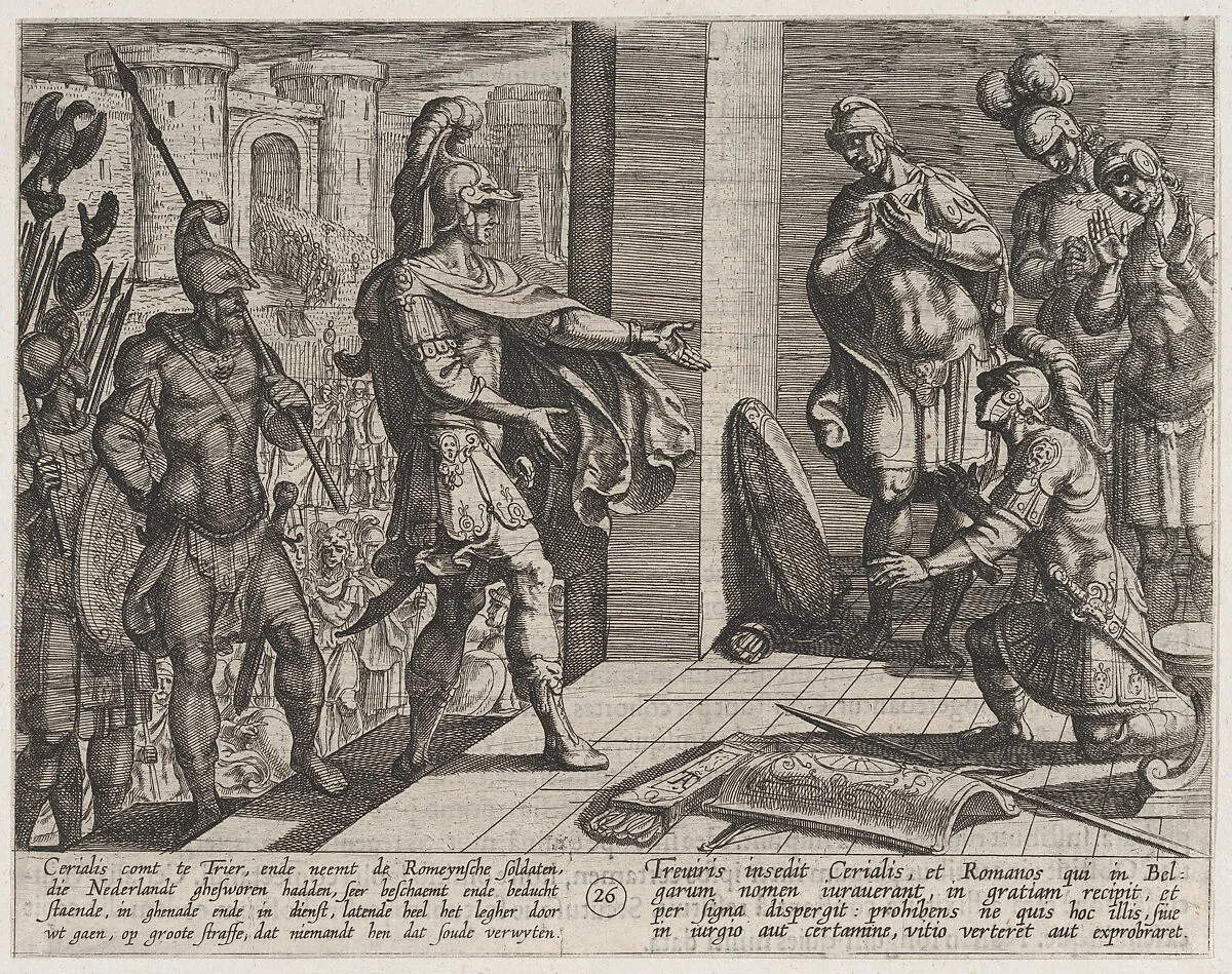 Plate 26: Cerialis Pardons and Relieves Roman Soldiers who had Helped Civilis, from The War of the Romans Against the Batavians (Romanorvm et Batavorvm societas) — Antonio Tempesta|Otto van Veen