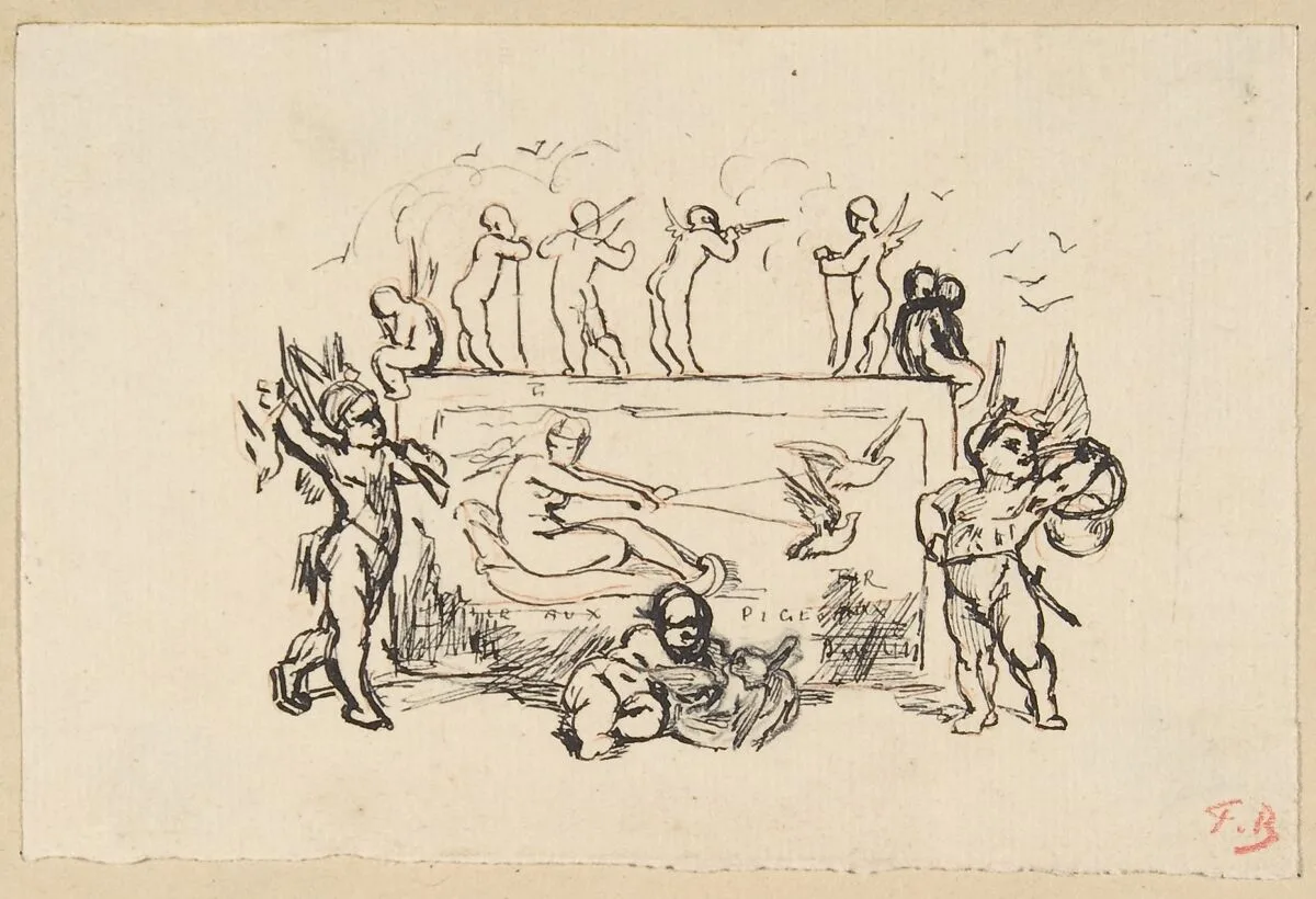 Putti grouped around a rectangular panel — Félicien Rops