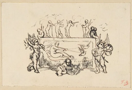 Putti grouped around a rectangular panel