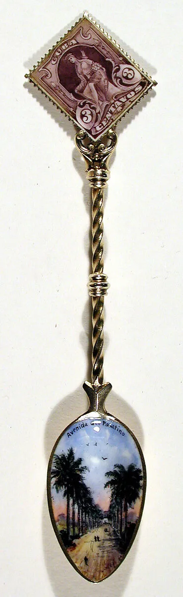 Souvenir spoon with view of a long avenue and finial in the form of a postage stamp — Unknown