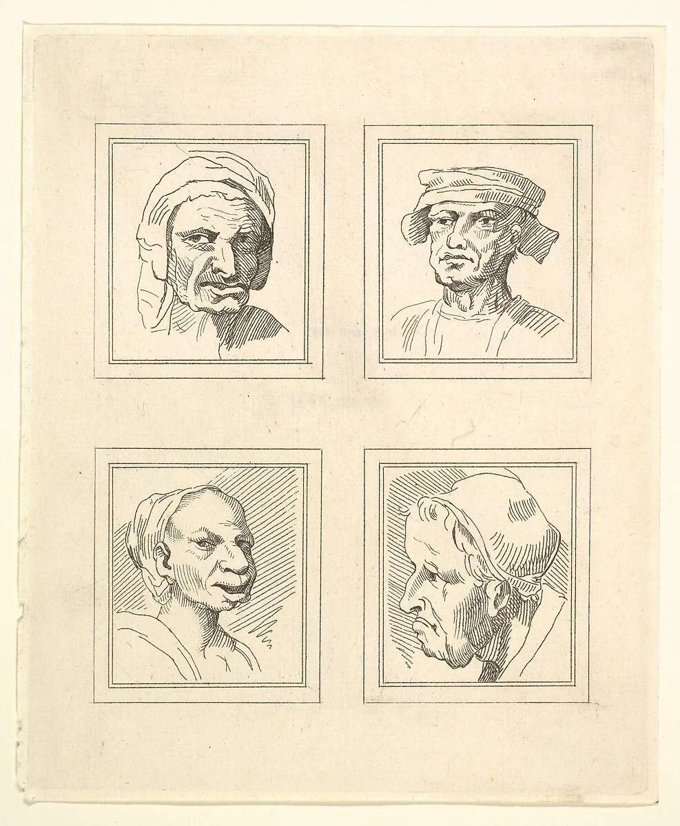 Four Heads (from Characaturas by Leonardo da Vinci, from Drawings by Wincelslaus Hollar, out of the Portland Museum) — John Clarke|Wenceslaus Hollar|Leonardo da Vinci
