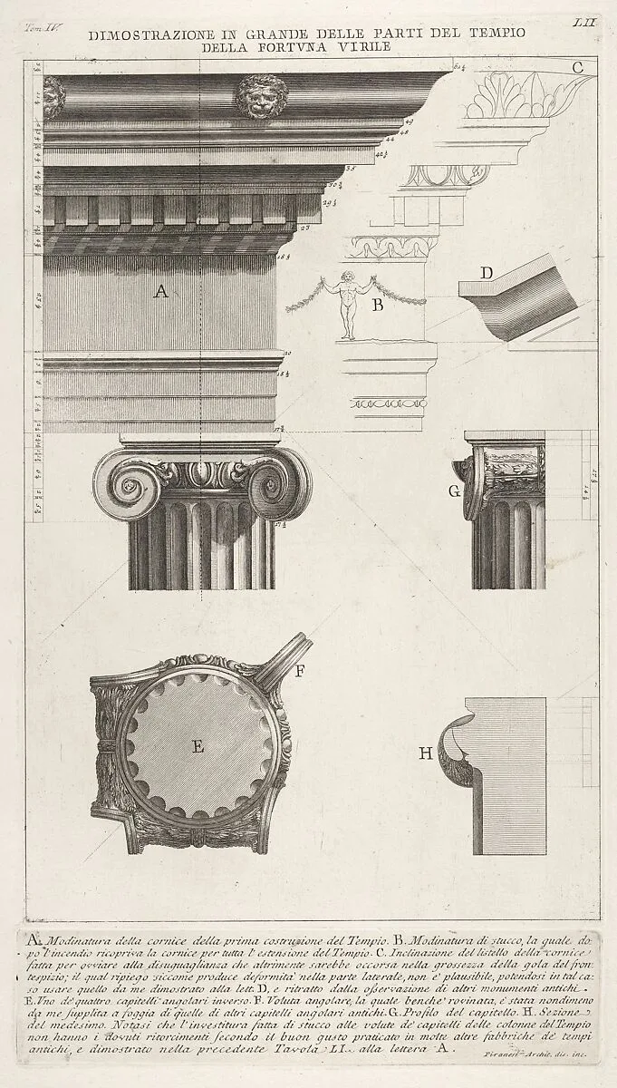 Cornice and column from the Temple of Fortuna Virilis (Tempio della Fortuna Virile), from 'Le Antichità Romane' — Giovanni Battista Piranesi