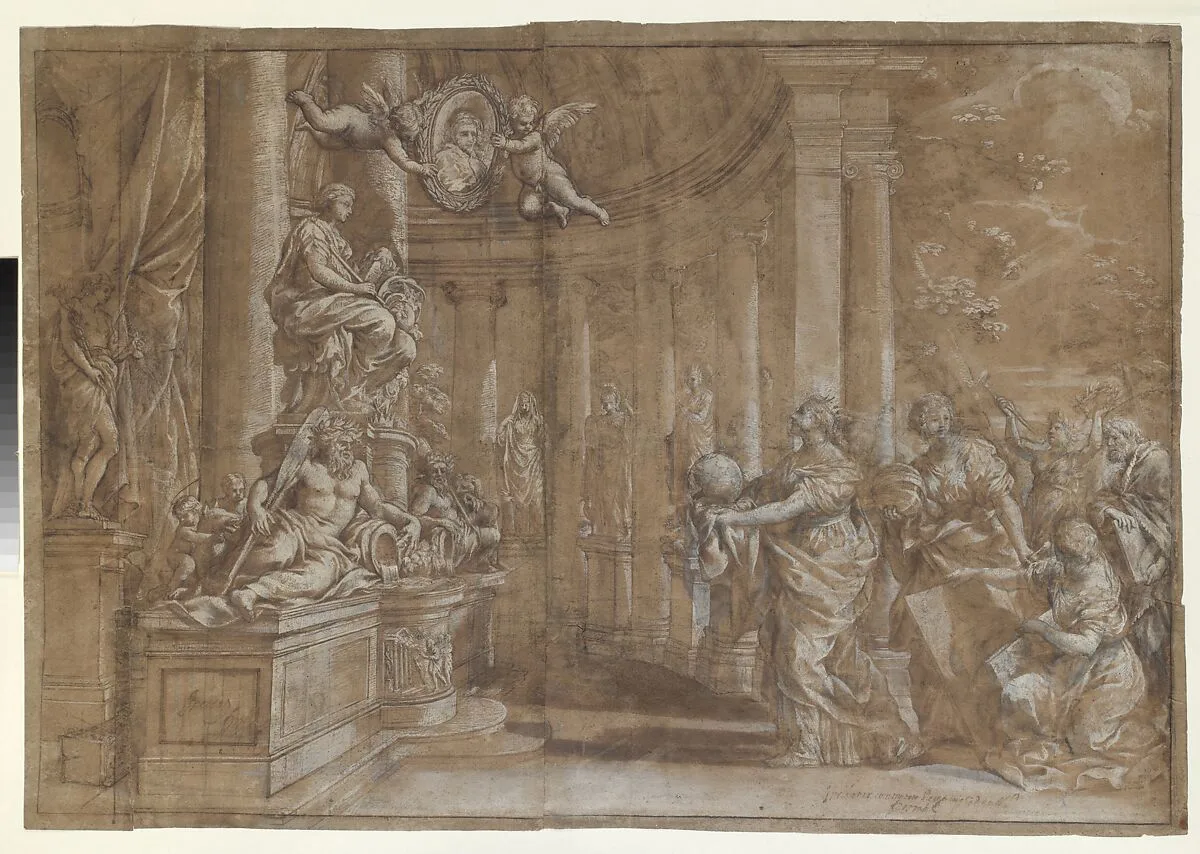 Design for a Thesis Print with an Allegory of Knowledge and Portrait of Cardinal Antonio Barberini the Younger (1607–1671) — Pietro da Cortona (Pietro Berrettini)