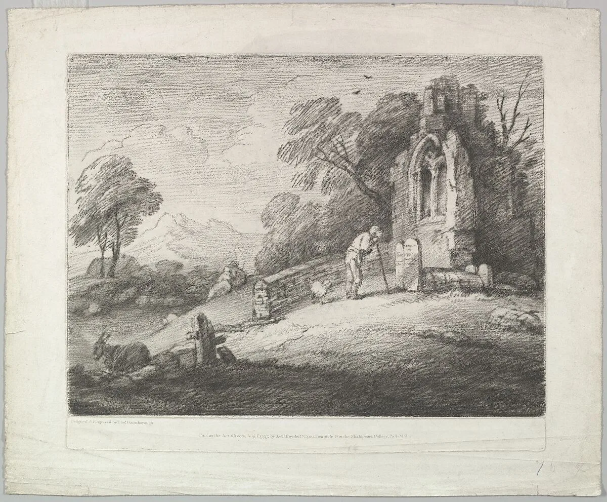 Wooded Landscape with a Peasant Reading a Tombstone, Rustic Lovers and a Ruined Church — Thomas Gainsborough|John & Josiah Boydell