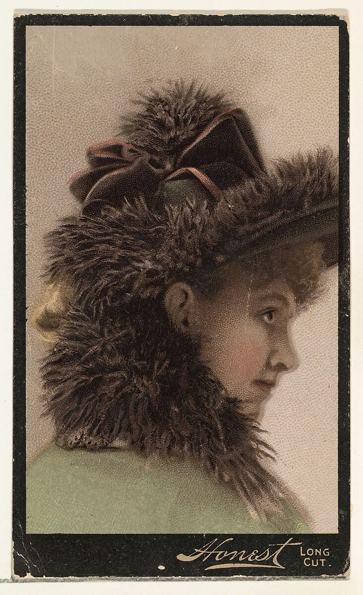 Actress wearing matching collar and hat, from Stars of the Stage, Third Series (N131) issued by Duke Sons & Co. to promote Honest Long Cut Tobacco — W. Duke, Sons & Co.|Joseph P. Knapp|American Tobacco Company