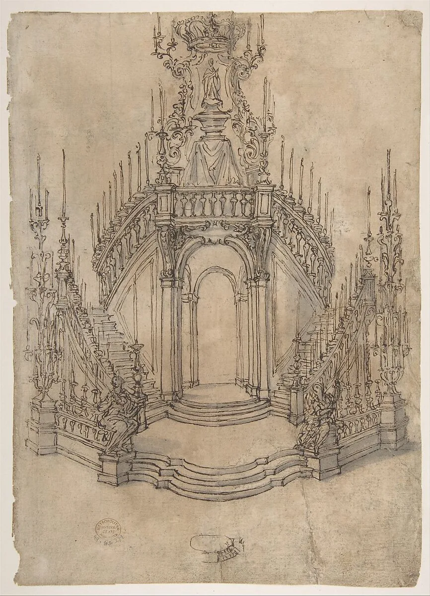 Designs for a Funerary Monument with Stairs (Recto). Various Funerary Monument Designs (Verso). — Giovanni Battista Foggini