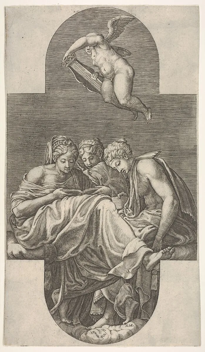 Three Muses seated below a flying putto who grasps a lyre with both hands, a cruciform composition, from a series of eight compositions after Francesco Primaticcio's designs for the ceiling of the Gallery of Ulysses (destroyed 1738-39) at Fontainebleau — Giorgio Ghisi|Francesco Primaticcio